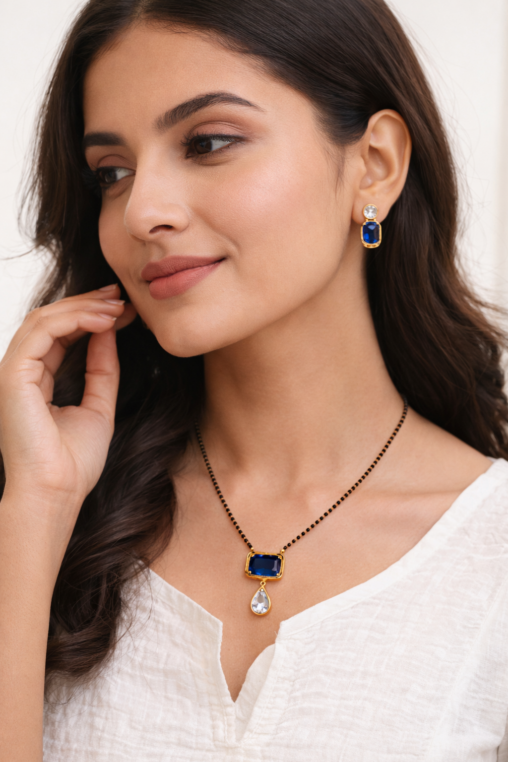 Royal Sapphire Drop Mangal sutra Set with Stud Earrings