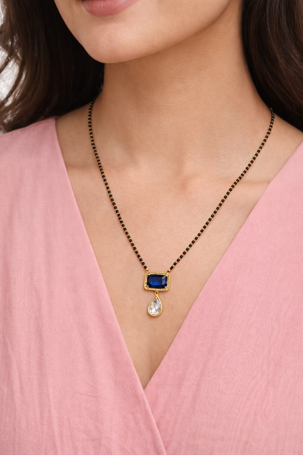 Royal Sapphire Drop Mangal sutra Set with Stud Earrings