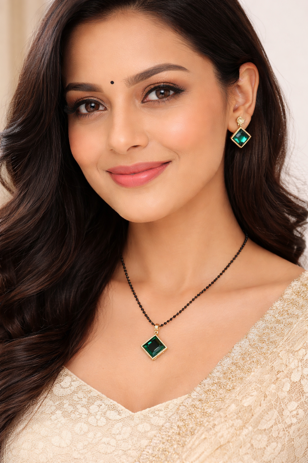 Emerald Grace Square Pendant Mangal sutra Set