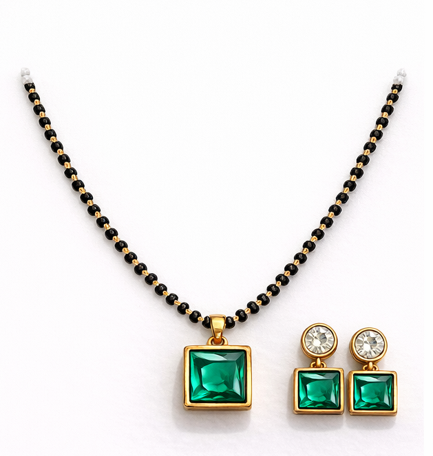 Classic Green Stone Mangal sutra with Earrings