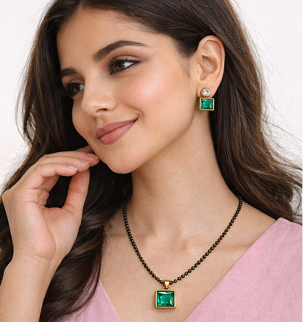 Classic Green Stone Mangal sutra with Earrings