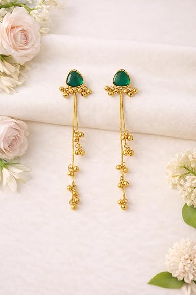 Emerald Drop Minimal Tassel Earrings